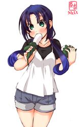  alternate_costume artist_logo black_shirt blue_hair camisole casual commentary_request cowboy_shot dated denim denim_shorts eating female food green_eyes grey_shorts highres kanon_(kurogane_knights) kantai_collection kashiwa_mochi_(food) leaf long_hair low_twintails oak_leaf shirt short_sleeves shorts simple_background solo suzukaze_(kancolle) t-shirt twintails white_background white_camisole 