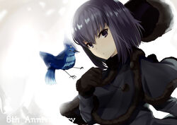  animal anniversary bird black_capelet black_dress black_eyes black_gloves black_hair black_headwear blue_bird capelet closed_mouth commentary_request dress english_text expressionless female flying fur-trimmed_capelet fur-trimmed_gloves fur-trimmed_headwear fur_hat fur_trim gloves hair_between_eyes hat highres kuonji_alice looking_at_viewer lost_robin_rondo mahou_tsukai_no_yoru ninoude_(ninoude44) short_hair unworn_headwear upper_body ushanka white_background 