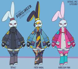  3_toes accessory albino alternate_color alternate_form alternative_fashion anthro anthrofied belt belt_buckle blue_eyes buckle bun_bun_bang_bang bunslinger_(outrage_mk2) button_(fastener) button_eyes clothed clothing coat countershade_ears countershading cyberpop digital_media_(artwork) digitigrade english_text epic_games feet female fingerless_gloves fortnite front_view fur gloves group gun hair_accessory handgun handwear harness hi_res holding_object holding_weapon holstered_pistol j-fashion knee_pads lagomorph legwear leporid long_ears mammal model_sheet multicolored_body multicolored_fur one_ear_up outrage_mk2 overcoat paint paint_on_self paint_splatter painted_clothing pastel_colors pastel_theme pink_eyes pink_nose rabbit ranged_weapon red_eyes revolver ring_piercing simple_background smile solo spiked_hairband standing stockings streetwear techwear text toeless_legwear toeless_stockings toes topwear weapon white_body white_fur x_pupils 