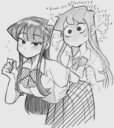  blush breasts chibi chibi_inset commentary embarrassed english_commentary english_text female full-face_blush greyscale hime_cut imagining itan_private_high_school_uniform kharon komi-san_wa_komyushou_desu komi_shouko legs long_hair meme monochrome school_uniform solo 