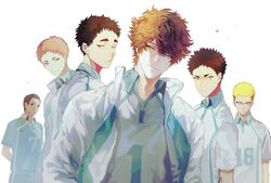  6+boys aoba_johsai_volleyball_uniform black_hair blonde_hair brown_eyes brown_hair closed_mouth eyebrows frown haikyuu!! hanamaki_takahiro highres iwaizumi_hajime jacket korean_commentary kyoutani_kentarou looking_at_viewer male_focus matsukawa_issei mgmg_1012 multicolored_hair multiple_boys oikawa_tooru_(haikyuu!!) smile sportswear track_jacket two-tone_hair volleyball_uniform watari_shinji_(haikyuu!!) 