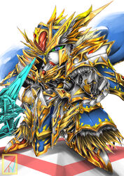  arthur_gundam_mk-iii blue_cape blue_eyes cape colored_sclera denjyou23 green_sclera gundam highres holding holding_weapon looking_at_viewer mecha no_humans open_hand robot science_fiction sd_gundam sd_gundam_world_heroes solo standing v-fin weapon 