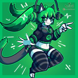  1:1 abstract_background absurd_res anthro application biped clothed clothing digital_media_(artwork) felid feline female fur green_body green_eyes green_fur green_hair hair hi_res looking_at_viewer mammal music nagifur personification simple_background software solo spotify topwear 