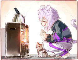  ahoge animal_ears barefoot cat_ears commentary_request feline female heater hololive kerosene_heater kettle nekomata_okayu nekomata_okayu_(1st_costume) pants purple_eyes purple_hair sakino_shingetsu solo squatting steam tail temari_(nekomata_okayu) virtual_youtuber warming_hands 