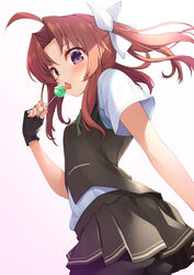  ahoge ass bike_shorts black_gloves blush breasts candy commentary_request duplicate female fingerless_gloves food gloves green_ribbons hair_ribbon highres holding holding_candy holding_food holding_lollipop kagerou_(kancolle) kagerou_kai_ni_(kancolle) kantai_collection licking lollipop long_hair looking_at_viewer mofu_namako neck_ribbon open_mouth orange_hair photoshop_(medium) pixel-perfect_duplicate purple_eyes ribbon school_uniform shirt short_sleeves shorts shorts_under_skirt simple_background skirt small_breasts solo tongue twintails vest white_shirt 