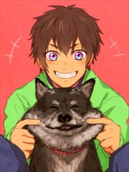  1boy ace_of_diamond black_dog blue_pants blush brown_hair canine green_shirt looking_at_viewer male_focus pants potechi_norisio red_background sawamura_eijun shiba_inu shirt short_hair smile solo teeth 