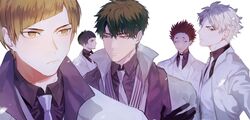  5boys alternate_costume black_hair brown_eyes brown_hair closed_mouth dress_shirt eyebrows formal goshiki_tsutomu grey_hair haikyuu!! highres jacket korean_commentary looking_at_viewer looking_away male_focus mgmg_1012 multiple_boys necktie red_hair semi_eita shirabu_kenjirou shirt short_hair suit tendou_satori ushijima_wakatoshi 