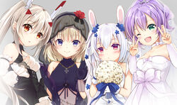  4girls ;d animal_ears ayanami_(azur_lane) ayanami_(nightfall_raiment)_(azur_lane) azur_lane bare_shoulders black_bow black_dress blonde_hair blue_bow blue_flower blue_ribbon bouquet bow breasts bridal_veil cleavage clothing_cutout cross detached_sleeves double_v dress fake_animal_ears flower gloves green_eyes grey_background hair_flower hair_ornament headgear high_ponytail highres holding holding_bouquet iron_cross javelin_(azur_lane) javelin_(blissful_purity)_(azur_lane) laffey_(azur_lane) laffey_(white_rabbit&#039;s_oath)_(azur_lane) light_brown_hair long_hair looking_at_viewer maya_(tirolpop) medium_breasts medium_hair multiple_girls odd_one_out official_alternate_costume one_eye_closed open_mouth orange_eyes ponytail purple_dress purple_eyes purple_hair rabbit_ears red_flower red_rose ribbon rose see-through simple_background sleeveless sleeveless_dress small_breasts smile stomach_cutout strapless strapless_dress turtleneck turtleneck_dress upper_body v veil wedding_dress white_dress white_gloves white_hair white_sleeves z23_(azur_lane) z23_(schwarze_hochzeit)_(azur_lane) 