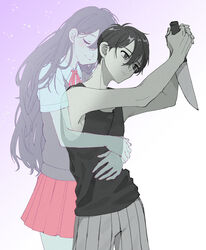  1boy black_eyes black_hair black_shirt black_sweater_vest brother_and_sister closed_eyes closed_mouth collared_shirt commentary_request empty_eyes female ghost grey_shorts holding holding_knife hug hug_from_behind kitchen_knife knife long_hair mari_(faraway)_(omori) mari_(omori) neck_ribbon omori pleated_skirt red_ribbon red_skirt ribbon shirt short_hair shorts siblings skirt sleeveless smile spoilers striped_clothes striped_shorts suicide sunny_(omori) sweater_vest tio_zomi white_shirt 