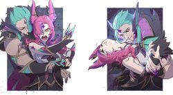  1boy angry animal_ears armor closed_eyes colored_sclera ddlggoddadda facial_mark female forehead_mark gloves green_eyes green_hair highres holding_another&#039;s_wrist hug hug_from_behind injury korean_commentary league_of_legends long_hair md5_mismatch open_mouth pink_eyes pink_hair purple_eyes rakan_(league_of_legends) simple_background smile sparkle star_guardian_(league_of_legends) straight white_background xayah yellow_sclera 