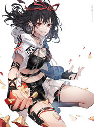  a_maru arm_strap bad_id bad_pixiv_id black_gloves black_hair black_shirt black_shorts black_socks breasts chains choker cleavage crop_top female fingerless_gloves gloves grin hair_ribbon highres holding hood hood_down jacket kneehighs large_breasts long_hair looking_at_viewer midriff navel open_clothes open_jacket original photoshop_(medium) red_eyes ribbon shirt short_shorts short_sleeves shorts simple_background smile socks solo strap thigh_strap v-shaped_eyebrows white_background white_jacket 