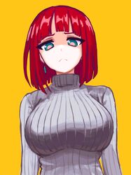  blunt_bangs breasts closed_mouth dangle_earrings earrings female frown green_eyes grey_sweater hcnone jewelry large_breasts long_sleeves looking_at_viewer original red_hair ribbed_sweater short_hair simple_background solo sweater turtleneck turtleneck_sweater upper_body yellow_background 