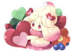  alcremie alcremie_(love_sweet) berry commentary_request holding kirimi_maguro looking_at_viewer no_humans open_mouth pokemon pokemon_(creature) red_eyes smile solo 