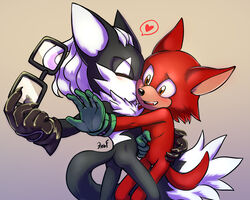  5:4 amber_eyes anthro ass black_body black_fur blush canid canine canis claws closed_eyes clothing custom_character_(sonic_forces) dipstick_tail duo fur gadget_the_wolf gloves hair handwear heart_symbol hi_res hug infinite_(sonic) jackal kissing krazyelf male male/male mammal markings multicolored_tail open_mouth open_smile red_body red_fur ruff sega smile sonic_forces sonic_the_hedgehog_(series) standing tail tail_markings white_hair white_tail_tip wolf 