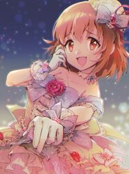  +_+ arm_garter brown_eyes brown_hair choker collarbone dress female flower gloves gradient_background grey_background hair_ornament hair_ribbon hat idolmaster idolmaster_cinderella_girls idolmaster_cinderella_girls_starlight_stage kita_hinako layered_dress looking_at_viewer mini_hat nanonin open_mouth pink_choker red_flower red_rose ribbon rose short_hair skirt_hold smile solo white_choker white_gloves white_ribbon 