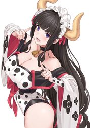  animal_print bell blue_eyes blunt_bangs breasts brown_hair chinese_zodiac cleavage collar cow_horns cow_print cowbell detached_sleeves female frilled_hairband frills hairband highres horns large_breasts leotard long_hair long_sleeves low-tied_long_hair michitaro_smile original purple_eyes solo very_long_hair wide_sleeves year_of_the_ox 