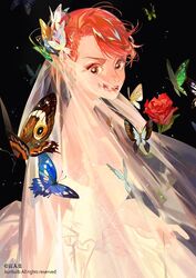  blue_butterfly bug butterfly commentary dress female flower kuribulb open_mouth original red_flower red_hair red_rose rose solo symbol-only_commentary upper_body veil white_butterfly white_dress 