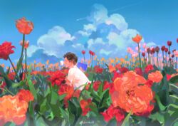  1boy bad_id bad_twitter_id blue_sky bug butterfly cloud cloudy_sky day field flower flower_field insect_on_nose kuribulb leaf male_focus orange_flower original outdoors pink_flower plant red_flower shirt short_sleeves signature sky solo white_shirt wide_shot 