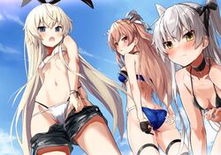  3girls amatsukaze_(kancolle) ass bikini bikini_pull black_bikini black_ribbon black_thighhighs blonde_hair blue_bikini blush breasts brown_eyes clothes_pull commentary_request gloves grey_hair hair_ornament hair_ribbon johnston_(kancolle) johnston_kai_(swimsuit_mode)_(kancolle) kantai_collection light_brown_hair long_hair looking_back medium_breasts multiple_girls ribbon shimakaze_(kancolle) shorts shorts_pull single_glove small_breasts string_bikini swimsuit takanashi_kei_(hitsujikan) thighhighs two_side_up unworn_shorts white_bikini yellow_eyes 