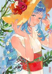  aqua_nails blue_eyes blue_hair braid braided_ponytail commentary dress female flower flower_braid hair_flower hair_ornament hat hat_flower kuribulb leaf long_hair obi original parted_lips red_flower red_sash sash sleeveless sleeveless_dress smile solo symbol-only_commentary very_long_hair white_dress white_flower 