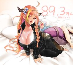  2girls absurdres ahoge alternate_costume amane_kanata barefoot bed black_hairband black_jacket black_pants blonde_hair blue_hair blunt_bangs blush bow braid breasts casual cleavage closed_eyes clothes_writing collarbone colored_inner_hair commentary_request diagonal-striped_bow diagonal_stripes doukyo&#039;s dragon_girl dragon_horns dragon_tail grey_hair hairband highres hololive horn_bow horn_ornament horns isuka jacket kiryu_coco large_breasts long_hair long_sleeves looking_at_viewer lying milestone_celebration multicolored_hair multiple_girls oerba_yun_fang open_mouth orange_hair pants pillow pink_hair pointy_ears pp_tenshi_t-shirt red_eyes scales short_hair side_braid single_braid sleeping streaked_hair striped striped_bow tail teeth translated upper_teeth_only virtual_youtuber 