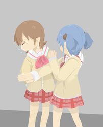  2girls aioi_yuuko bad_id bad_twitter_id blue_hair brown_hair closed_eyes cube_hair_ornament hair_ornament hand_up highres long_sleeves medium_hair meme multiple_girls naaga_sonomono naganohara_mio nichijou plaid plaid_skirt red_skirt sailor_collar school_uniform shirt short_twintails skirt slapping standing tokisadame_school_uniform twintails white_sailor_collar will_smith_slapping_chris_rock_(meme) yellow_shirt 