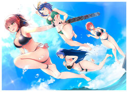  4girls airborne alternate_breast_size alternate_costume ankle_belt ankle_strap anklet azur_lane barefoot bikini breasts cloud dermar full_body highres holding jewelry jumping large_breasts multiple_girls nicoloso_da_recco_(azur_lane) nicoloso_da_recco_(to_a_smashing_voyage!)_(azur_lane) o-ring o-ring_bikini official_alternate_costume pompeo_magno_(azur_lane) scrunchie swimsuit tan tanlines thigh_strap trento_(azur_lane) trento_(summer&#039;s_hotness?)_(azur_lane) water whistle wrist_scrunchie zara_(azur_lane) zara_(poolside_coincidence)_(azur_lane) 