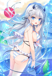  :d ameto_yuki ass bare_arms bare_shoulders bikini black_ribbon blue_eyes blue_ribbon blue_sailor_collar cherry commentary_request demon_girl demon_horns demon_tail female food frilled_sailor_collar frills fruit grey_hair hair_between_eyes hair_ribbon hand_up horns ice ice_cube looking_at_viewer looking_back original ribbon sailor_collar smile solo striped_bikini striped_clothes swimsuit tail twitter_username 