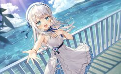  beret blue_eyes breasts day dress earrings female hat highres indie_virtual_youtuber jewelry kikugetsu looking_at_viewer nagino_mashiro neck_ribbon ocean open_mouth outdoors railing reaching reaching_towards_viewer ribbon second-party_source sleeveless sleeveless_dress small_breasts solo standing virtual_youtuber white_hair white_hat 