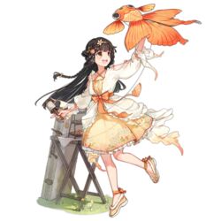  ankle_ribbon bird black_hair bow braid brown_eyes champagne_flute clothing_request collarbone colored_shoe_soles cup dress drinking_glass eurasian_tree_sparrow female fish flower folding_table food french_braid full_body girls&#039;_frontline goldfish grass hair_flower hair_ornament hairband holding holding_kite imoko_(imonatsuki) kite leg_ribbon long_hair long_sleeves looking_up no_socks official_alternate_costume official_art open_mouth orange_bow orange_dress orange_hairband orange_ribbon qbu-88_(explorer_of_the_wild)_(girls&#039;_frontline) qbu-88_(girls&#039;_frontline) ribbon simple_background sleeveless sleeveless_dress solo sparrow standing standing_on_one_leg table teeth third-party_source tiered_tray transparent_background upper_teeth_only waist_bow weapon_case yellow_footwear 