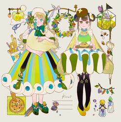  2girls aqua_eyes bad_id bad_twitter_id bird black_eyes black_hair black_legwear blonde_hair dress duck green_footwear hat kuribulb looking_at_viewer multiple_girls original parted_lips puffy_short_sleeves puffy_sleeves shoes short_sleeves smile standing umbrella wreath yellow_footwear 