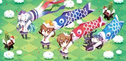  4girls akatsuki_(kancolle) anchor_symbol bad_id bad_twitter_id black_hair black_pantyhose black_sailor_collar black_skirt black_socks black_thighhighs blue_eyes brown_eyes brown_hair carnelian checkered chibi cloud commentary_request folded_ponytail grass grey_hair hair_ornament hairclip hibiki_(kancolle) highres ikazuchi_(kancolle) inazuma_(kancolle) kantai_collection kashiwa_mochi_(food) kneehighs kodomo_no_hi koinobori leaf long_hair long_sleeves multiple_girls neckerchief oak_leaf oerba_yun_fang one_eye_closed pantyhose paper_hat paper_kabuto pleated_skirt red_neckerchief sailor_collar school_uniform serafuku shirt short_hair skirt socks standing thighhighs white_shirt windsock x_x 