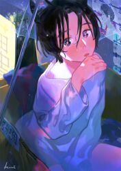  bad_id bad_twitter_id black_hair blush female hair_between_eyes kuribulb long_sleeves open_mouth original shadow shirt short_hair signature solo transparent transparent_umbrella umbrella white_shirt 