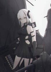  black_dress black_gloves black_thighhighs breasts closed_mouth covered_navel destroyer_(girls&#039;_frontline) dress dual_wielding elbow_gloves feet_out_of_frame female girls&#039;_frontline gloves grey_eyes gun hair_ornament hairclip highres holding holding_gun holding_weapon long_hair looking_at_viewer medium_breasts multicolored_hair rock rocket_launcher sangvis_ferri solo standing streaked_hair thighhighs thomas_8000 twintails weapon white_hair 