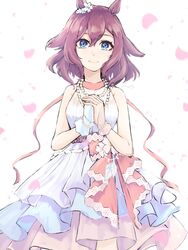  animal_ears blue_eyes breasts brown_hair commentary dress female gloves hair_between_eyes highres horse_ears horse_girl jewelry layered_dress looking_at_viewer necklace own_hands_together pearl_necklace petals pleated_dress protected_link sakura_chiyono_o_(fleur_enneigee)_(umamusume) sakura_chiyono_o_(umamusume) simple_background single_glove sleeveless sleeveless_dress small_breasts solo umamusume white_background white_dress white_gloves yonaga_(47ga_yng) 