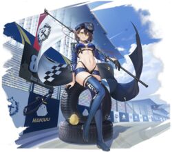  azur_lane baltimore_(azur_lane) baltimore_(finish_line_flagbearer)_(azur_lane) black_gloves black_panties blue_bra blue_footwear blue_hat blue_shorts boots bra breasts brown_hair day female flag full_body gloves hat highleg highleg_panties highres holding holding_flag keli_bang looking_at_viewer medium_breasts navel official_alternate_costume official_art outdoors panties race_queen short_hair short_shorts shorts shrug_(clothing) single_glove smile solo thigh_boots tire transparent_background underwear yellow_eyes 