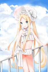  abigail_williams_(fate) abigail_williams_(swimsuit_foreigner)_(fate) abigail_williams_(swimsuit_foreigner)_(third_ascension)_(fate) absurdres bare_arms bare_shoulders bikini blonde_hair blue_eyes blue_sky bonnet bow closed_mouth cloud cloudy_sky commentary day eyes_visible_through_hair fate/grand_order fate_(series) female forehead hairbow highres long_hair navel outdoors parted_bangs railing sky smile solo swimsuit very_long_hair white_bikini white_bow white_headwear yukaa 