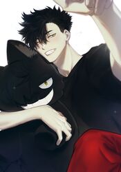  1boy black_hair black_shirt grin haikyuu!! hair_between_eyes highres hugging_doll hugging_object korean_commentary kuroo_tetsurou looking_at_viewer male_focus mgmg_1012 pants red_pants shirt short_hair smile solo stuffed_animal stuffed_cat stuffed_toy teeth yellow_eyes 