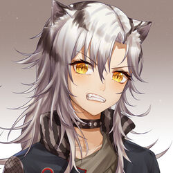  animal_ears arknights bad_id bad_pixiv_id black_choker black_jacket blush choker clenched_teeth fangs female gradient_background grey_background grey_hair grey_shirt high_collar highres indra_(arknights) jacket long_hair looking_at_viewer portrait shao_(shaorouhong) shirt solo striped_hair teeth tiger_ears v-shaped_eyebrows yellow_eyes 