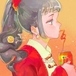  can coat crazy_straw drinking_straw earrings female green_eyes grey_hair jewelry kuribulb long_hair necklace orange_background original ponytail red_coat skirt solo yellow_skirt 