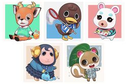  2boys 3girls animal_crossing animal_ears artist_name beau_(animal_crossing) bill_(animal_crossing) bird book deer deer_ears deer_tail drink duck eunice_(animal_crossing) flurry_(animal_crossing) furry furry_female furry_male hamster highres horns leaf multiple_boys multiple_girls nanami_mayo open_mouth rain sheep_girl sheep_horns sitting squirrel_ears squirrel_girl squirrel_tail sylvana_(animal_crossing) tail watering_can white_background 