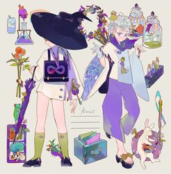  2girls animal bad_id bad_twitter_id black_footwear black_headwear earrings erlenmeyer_flask flask flower frog green_legwear grey_hair hat jewelry kuribulb leaf long_sleeves multiple_girls original pants purple_eyes purple_flower purple_pants purple_umbrella rabbit red_flower sandals shelf shirt shoes short_hair socks umbrella white_shirt wide_sleeves witch_hat wreath 