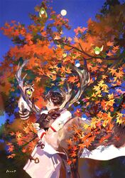  antlers autumn_leaves bird black_hair blue_sky coat female horns kuribulb long_sleeves original outdoors raccoon reindeer shadow short_hair signature sky sleeves_past_wrists solo white_coat 