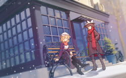  2girls artist_name bare_tree bench bicycle black_eyes black_footwear black_headwear black_skirt blonde_hair blurry blurry_background boots brown_coat brown_eyes brown_hair clock coat commentary crossed_legs dated day dutch_angle furahata_gen hand_on_own_knee hands_in_pockets hat hat_ribbon high-waist_skirt highres knee_boots looking_at_viewer maribel_hearn mob_cap multiple_girls open_clothes open_coat outdoors pantyhose purple_coat red_scarf ribbon scarf shadow short_hair sitting skirt smile snowing standing storefront touhou tree trench_coat usami_renko white_headwear white_legwear winter 