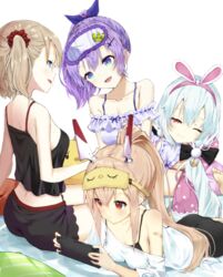  4girls animal_ears artistic_error ayanami_(azur_lane) ayanami_(off-duty_battle_station_gear)_(azur_lane) azur_lane babydoll bandaid bandaid_on_arm bare_shoulders black_bra black_camisole black_shorts blonde_hair blue_eyes bra breasts camisole choro_tofu cleavage closed_mouth collarbone commentary_request fake_animal_ears frilled_shorts frills hairband handheld_game_console highres javelin_(azur_lane) javelin_(operation:_pillow_fight!)_(azur_lane) laffey_(azur_lane) laffey_(sleep_to_clean_another_day)_(azur_lane) loose_clothes loose_shirt loungewear lying multiple_girls off_shoulder official_alternate_costume on_stomach pajamas partial_commentary purple_hair rabbit_ears red_eyes shirt short_shorts shorts sidelocks sitting sleep_mask sleepover small_breasts smile spaghetti_strap t-shirt underwear white_hair z23_(azur_lane) z23_(keeper_of_the_comf-fort)_(azur_lane) 