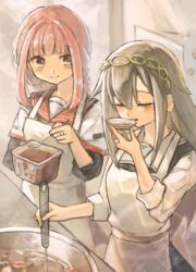  2girls apron closed_eyes cooking grey_hair hairband jewelry kamihama_university_affiliated_school_uniform kitchen kureha_yuna kym long_hair magia_record:_mahou_shoujo_madoka_magica_gaiden mahou_shoujo_madoka_magica multiple_girls pink_hair plate pot ring school_uniform serafuku sleeves_rolled_up smile tamaki_iroha tasting tasting_plate 