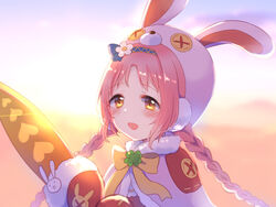  :d animal_ears animal_hat backlighting blue_hairband blush bow braid brown_bow brown_eyes button_eyes buttons capelet commentary_request fake_animal_ears female flower fur-trimmed_capelet fur_trim gucchiann hairband hat highres holding long_hair looking_at_viewer mimi_(princess_connect!) mittens open_mouth parted_bangs pink_hair pink_headwear princess_connect! purple_capelet rabbit_ears rabbit_hat red_mittens smile solo tareme twin_braids twintails upper_body very_long_hair white_flower 