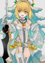  :d ahoge blonde_hair breasts chain_necklace chains cowboy_shot crossed_legs detached_collar detached_sleeves fate/extra fate/extra_ccc fate_(series) female garter_straps gloves green_eyes hair_intakes hand_on_hilt hand_on_own_hip hand_up highres holding holding_sword holding_weapon jewelry juliet_sleeves leotard lock long_sleeves looking_to_the_side luicent medium_breasts medium_hair necklace nero_claudius_(bride)_(fate) nero_claudius_(bride)_(second_ascension)_(fate) nero_claudius_(fate) open_mouth padlock padlocked_collar puffy_sleeves showgirl_skirt simple_background smile solo standing strapless strapless_leotard sword thigh_gap thighhighs veil watson_cross weapon white_background white_gloves white_leotard white_thighhighs 