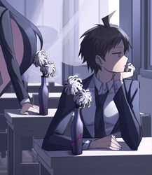  2boys absurdres ahoge black_hair black_jacket black_necktie brown_eyes brown_hair chair classroom collared_shirt curtains danganronpa_(series) danganronpa_3_(anime) desk flower formal hair_between_eyes head_rest highres hinata_hajime indoors jacket kamukura_izuru long_hair long_sleeves looking_outside looking_to_the_side male_focus memorial_on_desk multiple_boys necktie open_clothes open_jacket school_desk shirt short_hair sitting solo_focus white_flower white_shirt ziling 