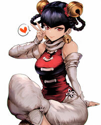  artist_name bare_shoulders bell bell_earrings black_hair braid breasts chinese_clothes detached_sleeves earrings female hair_bell hair_ornament heart highres jewelry lin_lin_(one-punch_man) looking_at_viewer magion02 one-punch_man pants patreon_username red_eyes scarf shoes simple_background sitting smile solo spoken_heart tangzhuang twin_braids v v-bangs web_address white_background white_pants white_scarf 